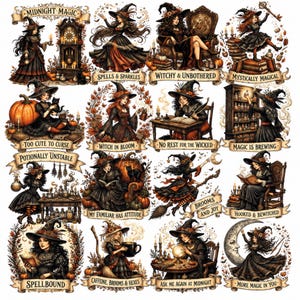 Puede incluir: Una colección de quince ilustraciones con brujas en atuendo negro y sombreros puntiagudos, cada una emparejada con una pancarta que contiene texto como Midnight Magic, Spells & Sparkles, Witchy & Unbothered, Mystically Magical, Too Cute to Curse, Witch in Bloom, No Rest for the Wicked, Magic is Brewing, Potionally Unstable, My Familiar Has Attitude, Brooms and Joy, Hooked & Bewitched, Spellbound, Caffeinated, Brooms & Hexes, Ask Me Again at Midnight y More Magic in You.
