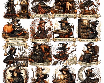 Gothic Witch Clipart Bundle, Witchcore PNG Designs, Dark Halloween Clipart, Mystical Witch Graphics, Gothic Halloween Art