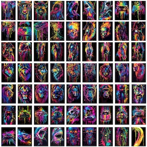 May include: A collection of 36 colorful digital art prints featuring various animals, objects, and abstract designs. The prints are in a grid format and each print has a unique color scheme and style.