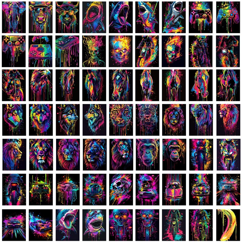 May include: A collection of 36 colorful digital art prints featuring various animals, objects, and abstract designs. The prints are in a grid format and each print has a unique color scheme and style.