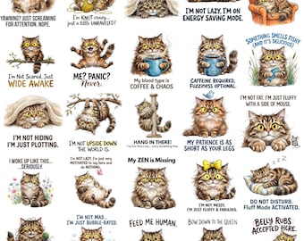 30種類以上の面白いふわふわ猫PNGバンドル、かわいい猫の引用PNG、レトロな猫の昇華デザイン、猫好きシャツPNG、子猫クリップアートバンドル