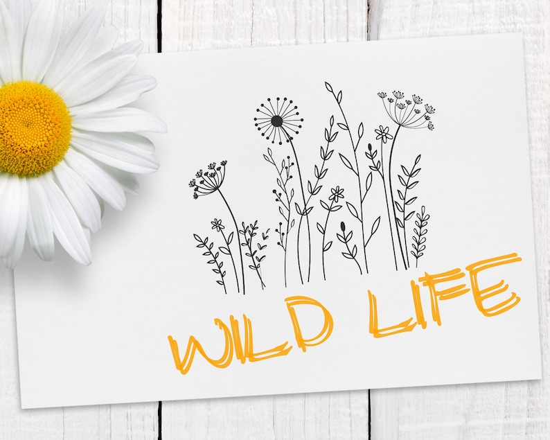 May include: A white card with a black and white illustration of wildflowers and the text "WILD LIFE" in yellow.
