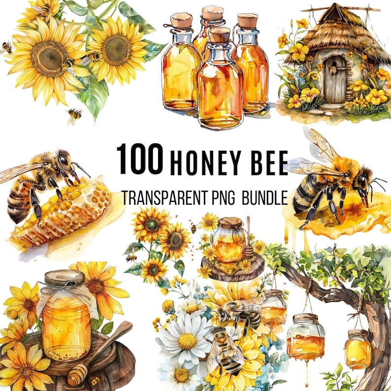 May include: A watercolor illustration of 100 honey bee clipart images. The images include bees, honeycombs, jars of honey, sunflowers, and a beehive. The text "100 Honey Bee Transparent PNG Bundle" is written in the center of the image.