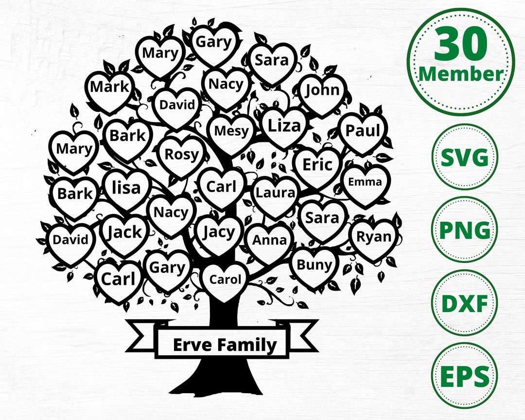 Family Tree Svg 30 Members, Family Heart Tree Svg, Family Reunion Svg ...