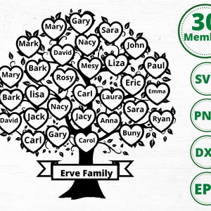 Árbol genealógico (Svg) de 30 miembros, Árbol genealógico con forma de corazón, Reunión familiar (Svg), Árbol de la vida (Svg), Monograma de árbol dividido, PNG, Cricut, Archivos DXF