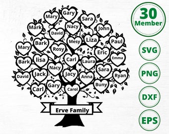 Family tree svg 30 members, Family heart tree svg, Family reunion svg, Tree of Life svg,  tree split monogram, png, cricut,Dxf files