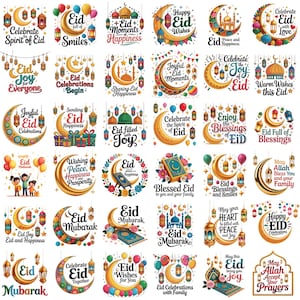 Puede incluir: Una colección de coloridos diseños de Eid Mubarak. Cada diseño presenta lunas crecientes, linternas y texto festivo. Los diseños incluyen frases como "Feliz Eid" y "Celebra el espíritu de Eid."