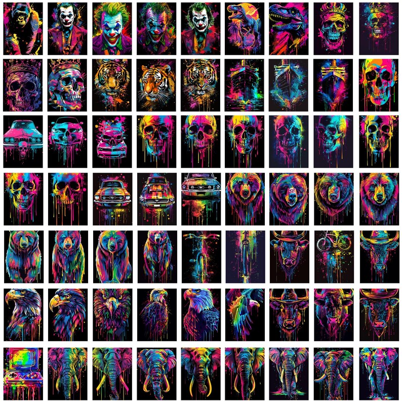 May include: A digital collage of 100 colorful images. The images are arranged in a grid pattern and feature a variety of subjects, including animals, cars, skulls, and abstract designs. The images are all in a vibrant, psychedelic style.