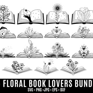Floral Book svg, Book with Flowers Svg, Book Svg, Flowers with Book, Flowers Growing Out of a Book, Reading Svg,flower clipart, line art svg