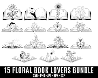 Floral Book svg, Book with Flowers Svg, Book Svg, Flowers with Book, Flowers Growing Out of a Book, Reading Svg,flower clipart, line art svg