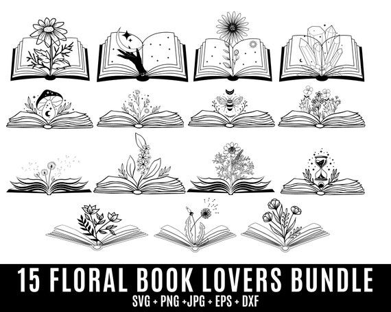 Floral Book svg, Book with Flowers Svg, Book Svg, Flowers with Book, Flowers Growing Out of a Book, Reading Svg,flower clipart, line art svg