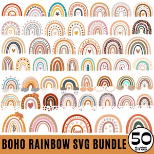 50 boho regenboog svg-bundel, schattige regenboog svg, boho regenboog clipart, regenboog svg, handgetekende regenboog, regenboog clipart, boho stickers
