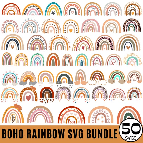 50 pakiet Boho Rainbow SVG, ładny Rainbow SVG, Boho Rainbow clipart, Rainbow SVG, ręcznie rysowane tęczy, Rainbow clipart, naklejki Boho