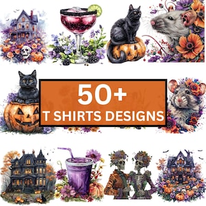 50+ Happy Halloween T shirts Bundle, Watercolor Halloween Pumpkin Collection Png, Witch, Ghost, Halloween Cat, Spider, Digital Download
