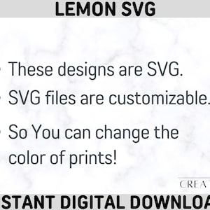 Puede incluir: Una descarga digital para un archivo SVG de lim&oacute;n. El texto en la imagen dice "Estos dise&ntilde;os son SVG. Los archivos SVG son personalizables. &iexcl;As&iacute; que puedes cambiar el color de las impresiones!"
