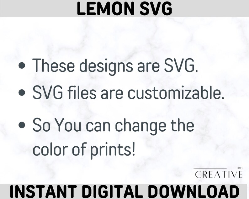 Puede incluir: Una descarga digital para un archivo SVG de lim&oacute;n. El texto en la imagen dice "Estos dise&ntilde;os son SVG. Los archivos SVG son personalizables. &iexcl;As&iacute; que puedes cambiar el color de las impresiones!"