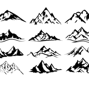 May include: A set of 10 black and white mountain silhouette illustrations. The mountains are drawn in a variety of styles, some with jagged peaks and others with rounded tops.