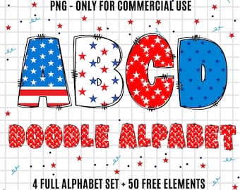 4. Juli USA Doodle Buchstaben Png Bundle, Patriotisches Doodle Alphabet, Zahlen & Accessoires, Rot Weiß Blau Design, USA Flagge Doodle Buchstaben