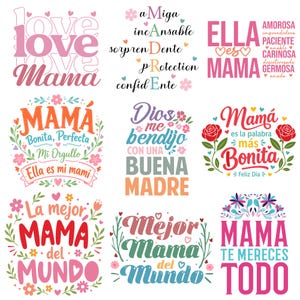 Könnte beinhalten: Eine Sammlung farbenfroher spanischsprachiger Designs, die die Mutterschaft feiern. Die Designs zeigen Sätze wie "Love Mama", "Ella es Mama" und "La mejor Mama del Mundo", verziert mit Blumen- und Herzmotiven.