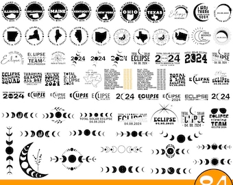 Solar Eclipse 2024 Svg Mega Bundle, Solar Eclipse, Blacked Out in USA April 8th, Astronomy Svg Png, Path of Totality Cities Digital Download
