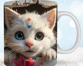 3D Kitten Hole In A Wall Mug, 3D Cute Cat Mug Wrap, 11 oz & 15oz Mug Wrap Sublimation Designs, Cute Cat Mug Press Design