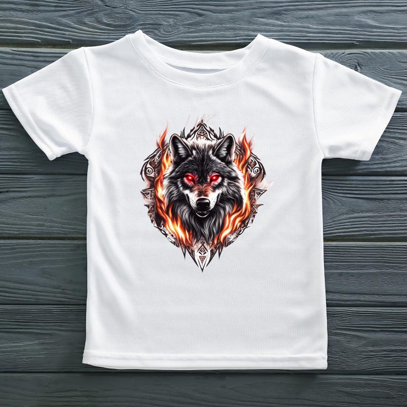 May include: White t-shirt with a graphic print of a wolf's head with red eyes surrounded by flames. The wolf is in a geometric design.