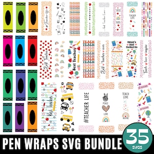 Pacote com 35 envoltórios de caneta de professor svg, padrões de caneta glitter svg, envoltório de caneta Tearch svg, envoltórios de caneta de giz de cera, envoltório de caneta escolar,