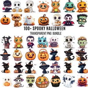 50+ Happy Halloween T shirts Bundle, Watercolor Halloween Pumpkin Collection Png, Witch, Ghost, Halloween Cat, Spider, Digital Download