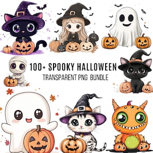 100+ Spooky Halloween Cartoon T Shirts Design Bundle, Cute Spooky Cartoon Png, Witch, Ghost, Halloween Cat, Kawaii Mummy, Digital Download