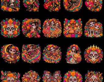 Day of the Dead PNG Bundle, 20 Dia de los Muertos Clipart, Sugar Skull Catrina PNG, Mariachi Skeleton, Mexican Halloween Sublimation