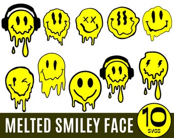 10 Melting smiley face, Smiley Face Svg Bundle, Retro Flower Smiley, Leopard Smiley Face ,Emoji svg, Smile SVG Cricut,Silhouette,png,dxf,svg