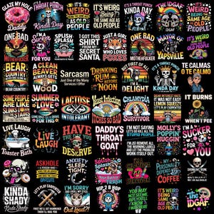 Könnte beinhalten: Eine Collage verschiedener grafischer Designs auf schwarzem Hintergrund. Die Designs umfassen Text und Illustrationen, wie Schädel, Tiere und humorvolle Phrasen. Die Farbpalette ist vielfältig, mit kräftigen Farben und einer Vielzahl von Schriftarten.