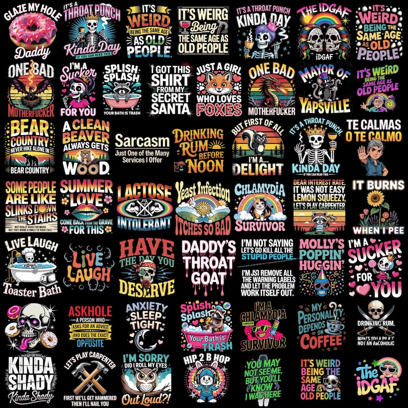 K&ouml;nnte beinhalten: Eine Collage verschiedener grafischer Designs auf schwarzem Hintergrund. Die Designs umfassen Text und Illustrationen, wie Sch&auml;del, Tiere und humorvolle Phrasen. Die Farbpalette ist vielf&auml;ltig, mit kr&auml;ftigen Farben und einer Vielzahl von Schriftarten.