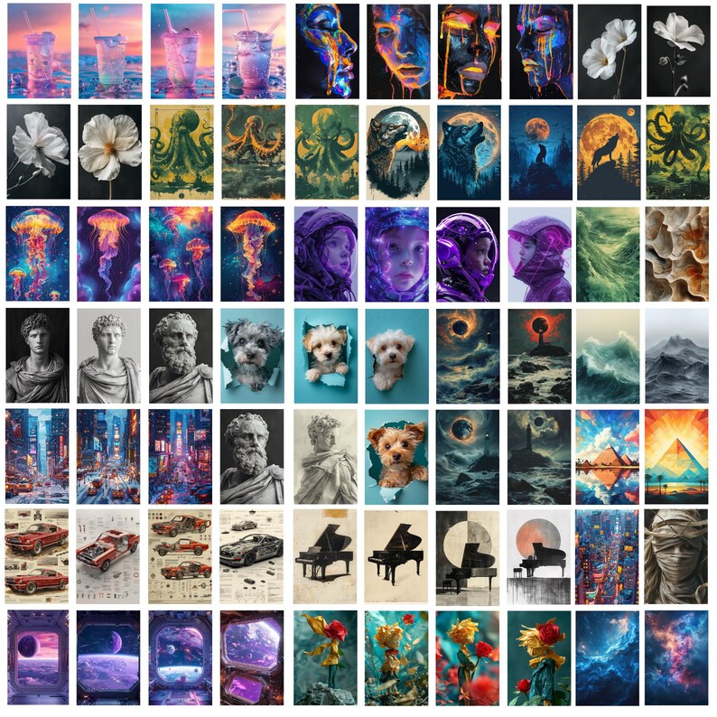 May include: A collage of 100 different images, including abstract art, landscapes, portraits, animals, and still life. The images are arranged in a grid pattern and are all in a variety of colors and styles.