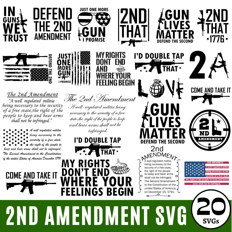 以下が含まれることがあります： 「2nd Amendment」、「Gun Lives Matter」、「Come and Take It」、「My Rights Don't End Where Your Feelings Begin」など、銃器に関連するさまざまなフレーズと画像を特徴とする、白黒のSVGデザイン20個のセット。