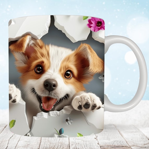 3D Cute Dog Mug Wrap, 11 oz & 15oz Mug Wrap Sublimation Designs, 3D Kitten Hole In A Wall Mug, Cute Dog Mug Press Design