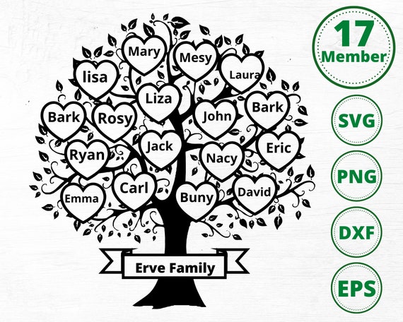 Family Tree Svg 17 Members, Family Heart Tree Svg, Family Reunion