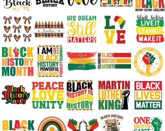 Könnte beinhalten: Eine Sammlung von Grafikdesigns mit Text und Symbolen zur schwarzen Geschichte und Kultur. Die Designs zeigen Sätze wie "Black History Month", "Black Lives Matter" und "Peace Love Unity". Die Farben sind Schwarz, Rot, Grün und Gelb.