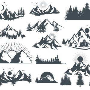 May include: A set of 12 black and white mountain range illustrations with sun, moon, and forest silhouettes. The mountains are stylized and have a vintage look.