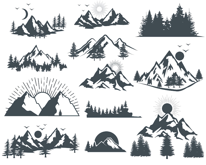 May include: A set of 12 black and white mountain range illustrations with sun, moon, and forest silhouettes. The mountains are stylized and have a vintage look.