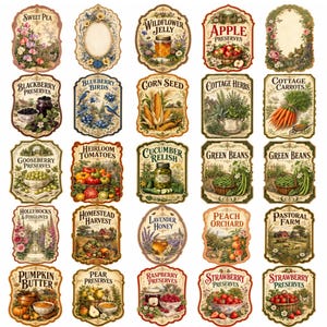 Peut inclure: Une collection de vingt-cinq étiquettes décoratives rectangulaires et ovales présentant des illustrations de style vintage de fruits, légumes, herbes et scènes de jardin avec du texte imprimé incluant Sweet Pea, Wildflower Jelly et diverses conserves.