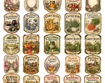20+ Vintage Pantry Labels Clipart Bundle, Farmhouse Food Labels, Cottage Garden Kitchen Labels, Antique Botanical Labels, Digital Download