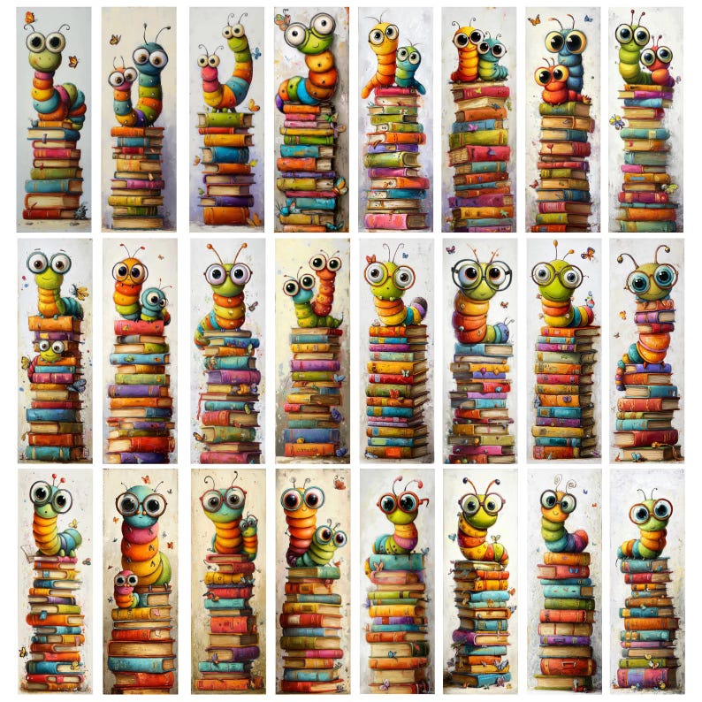 May include: A collection of colorful bookmarks featuring cartoon caterpillars perched atop stacks of books. The caterpillars are depicted in various poses, some wearing glasses, with vibrant colors and whimsical details. Butterflies flutter around the stacks of books.
