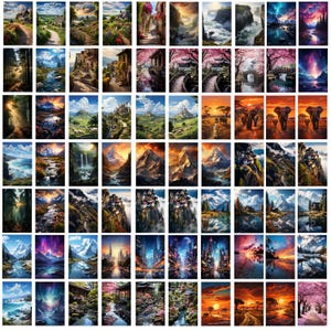 Pode incluir: Uma cole&ccedil;&atilde;o de 48 pinturas digitais que retratam v&aacute;rias paisagens, incluindo montanhas, florestas, rios, cachoeiras e paisagens urbanas. As pinturas s&atilde;o de estilos variados, do realista ao abstrato.