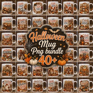 May include: A collection of over 40 white ceramic mugs featuring various autumn and Halloween themed illustrations, including pumpkins, gnomes, fall foliage, and text like Harvest Blessings, Fall Vibes, and Pumpkin Patch Babe.