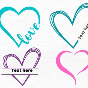 May include: Four different heart designs with the words "Text here" in two of them. The hearts are in teal, purple, and pink.