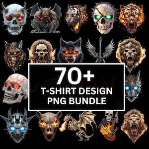 May include: A collection of 70+ t-shirt design PNGs featuring a variety of colorful and detailed illustrations of skulls, animals, and other graphic elements.