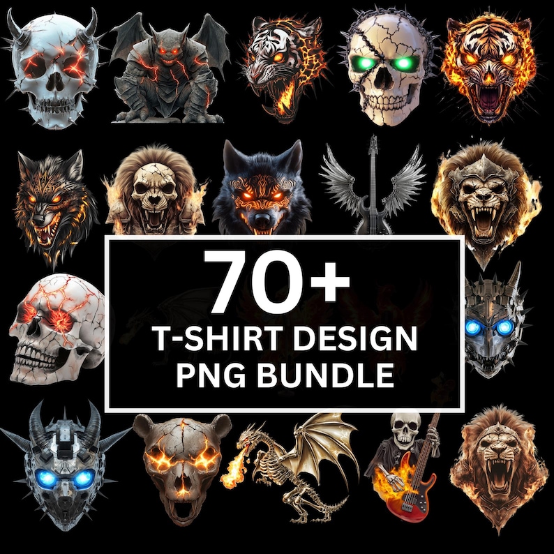 May include: A collection of 70+ t-shirt design PNGs featuring a variety of colorful and detailed illustrations of skulls, animals, and other graphic elements.