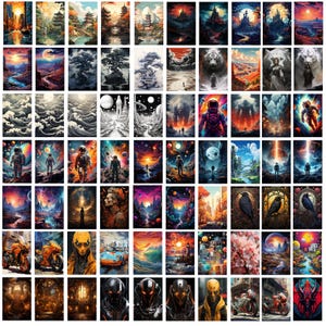 Pode incluir: Uma colagem de 64 imagens de arte digital que apresentam uma variedade de temas, incluindo paisagens, espa&ccedil;o e fantasia. As imagens est&atilde;o em um formato de grade e todas em uma paleta de cores vibrantes.