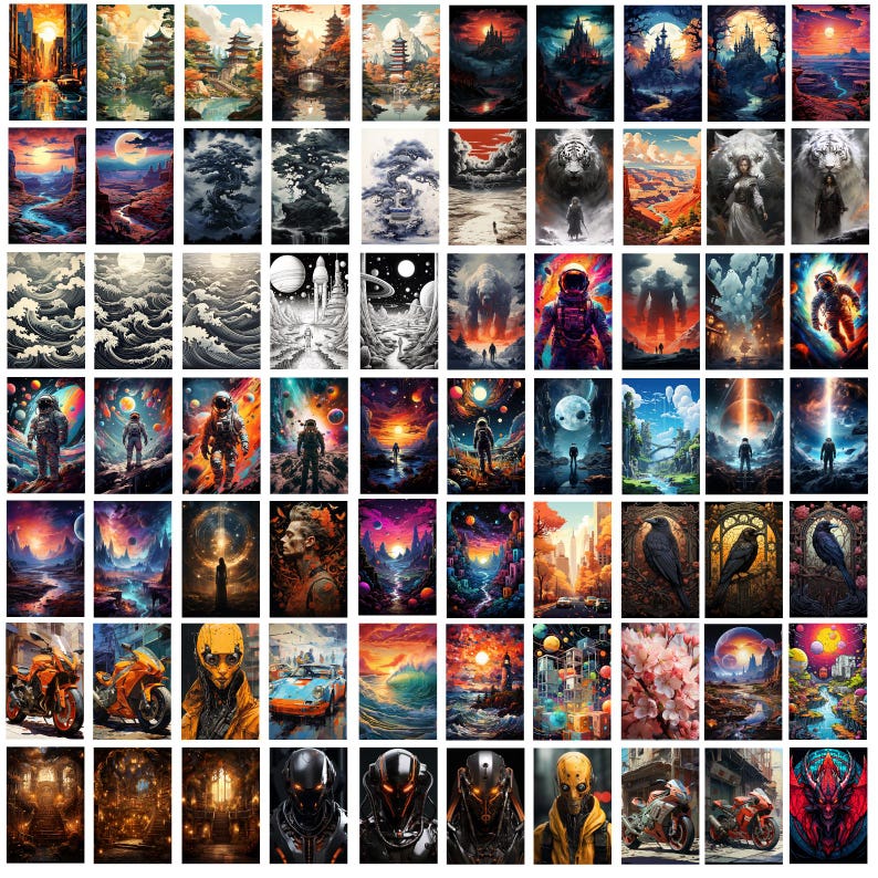 Pode incluir: Uma colagem de 64 imagens de arte digital que apresentam uma variedade de temas, incluindo paisagens, espa&ccedil;o e fantasia. As imagens est&atilde;o em um formato de grade e todas em uma paleta de cores vibrantes.